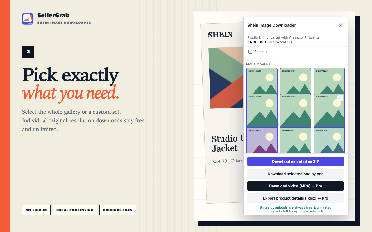 SellerGrab sidebar with product images selected