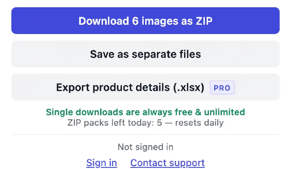 The bottom of the same panel: buttons for Download 6 images as ZIP, Save as separate files, and Export product details marked PRO, then a green line reading Single downloads are always free and unlimited, ZIP packs left today 5 — resets daily, and Not signed in.