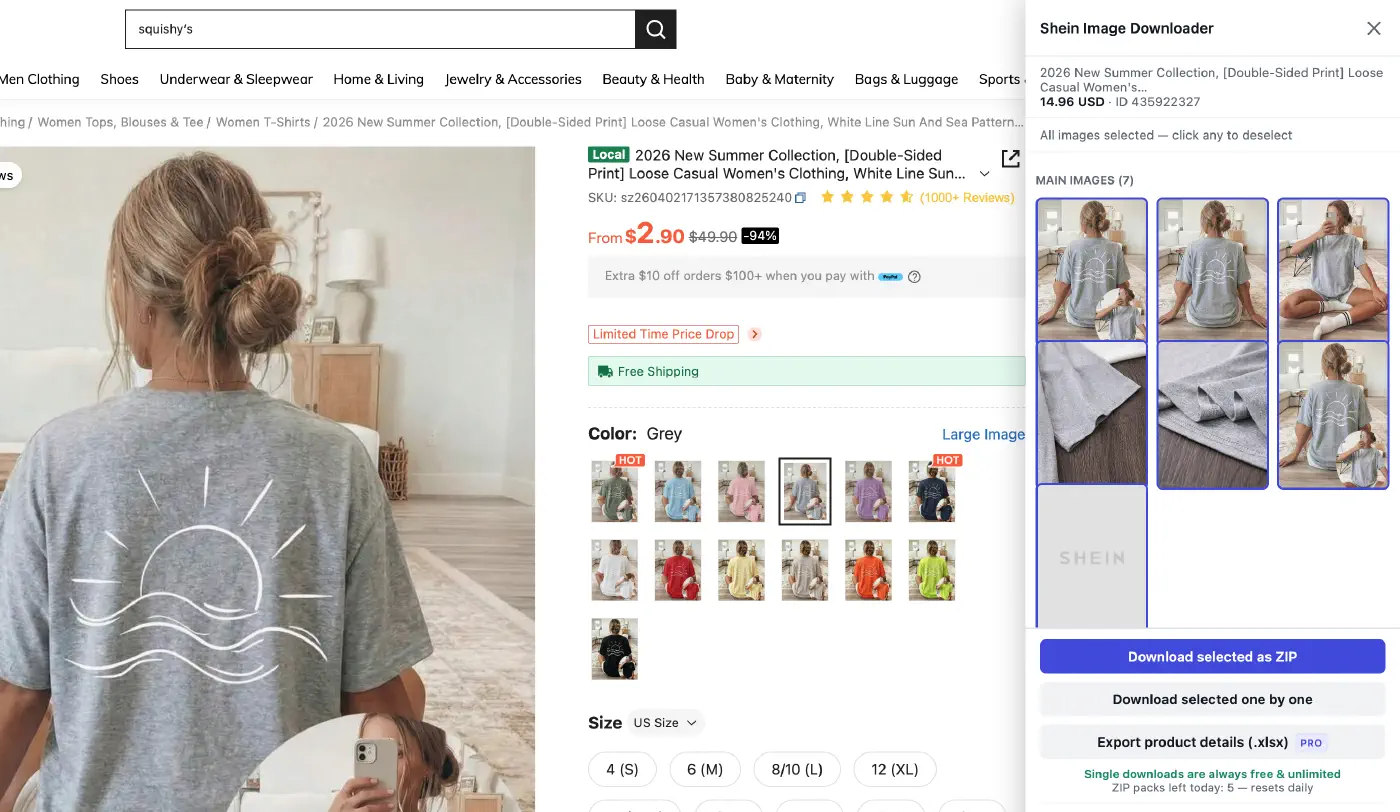 A live Shein product page for a printed grey T-shirt with the SellerGrab panel open on the right: seven main images are ticked, a Download selected as ZIP button sits below them, and a green line reads Single downloads are always free and unlimited.